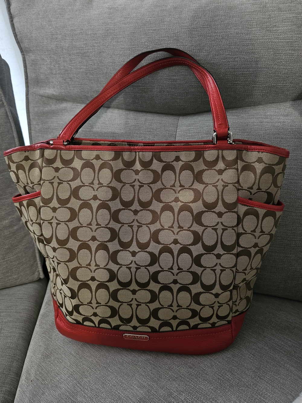 Coach Brown Signature Tote with Orange Trim